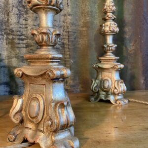 Antique Wooden Tall Candle Holder Pair Hall Lamps