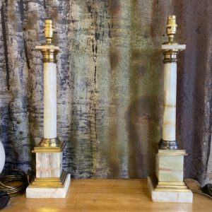 Vintage Tall Onyx Brass Columns Square Base Hall Lamps