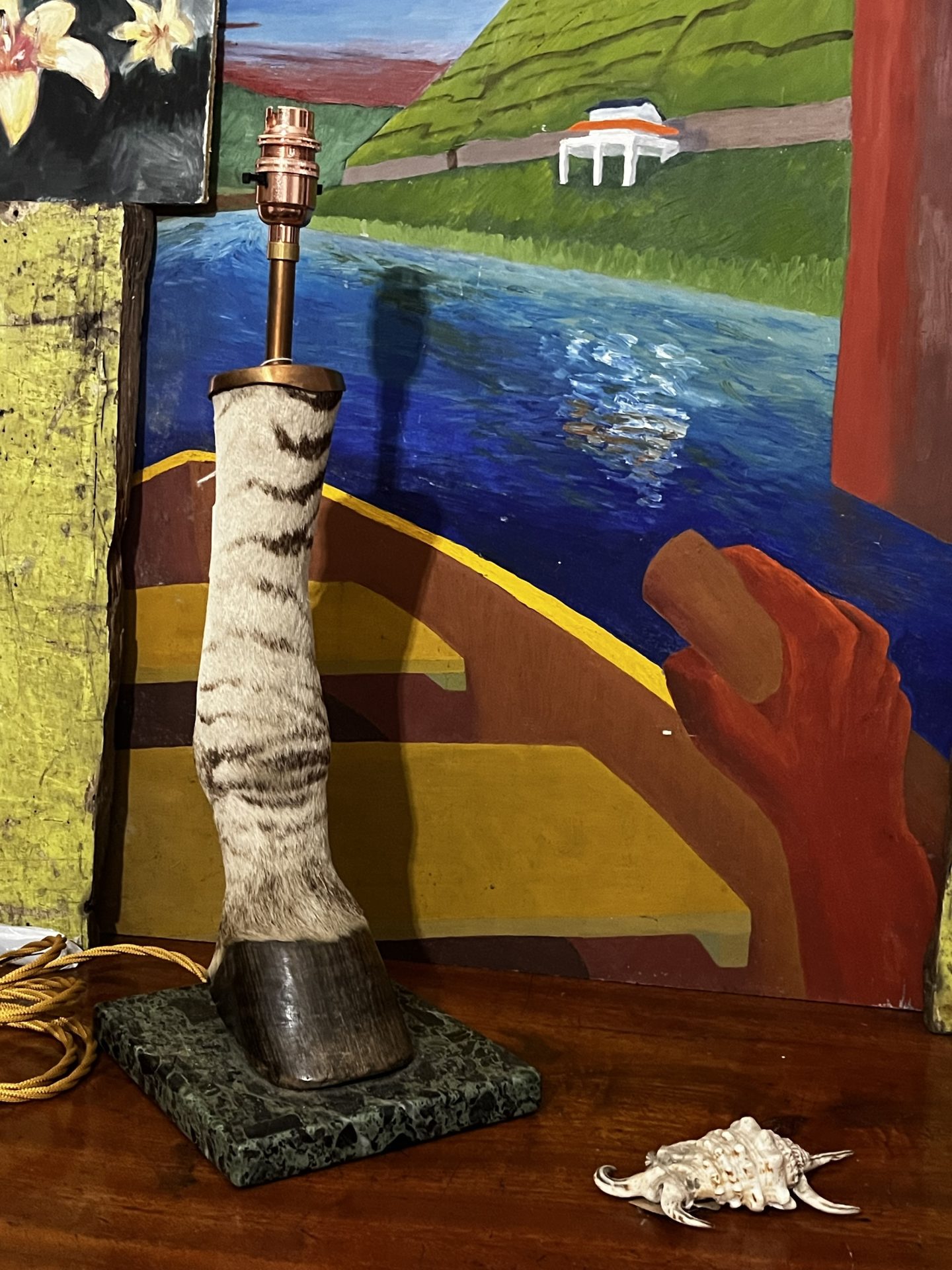 Antique Zebra Hoof Leg Table Lamp on Marble Plinth - Image 6