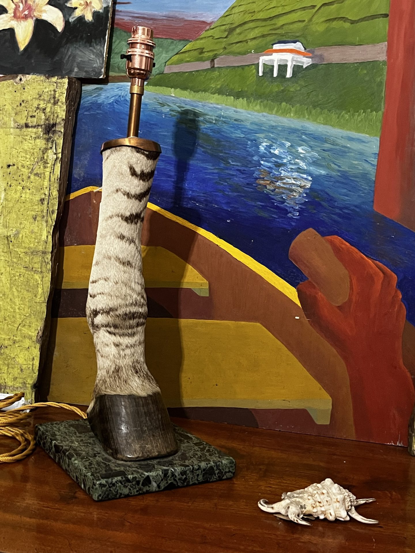 Antique Zebra Hoof Leg Table Lamp on Marble Plinth - Image 4