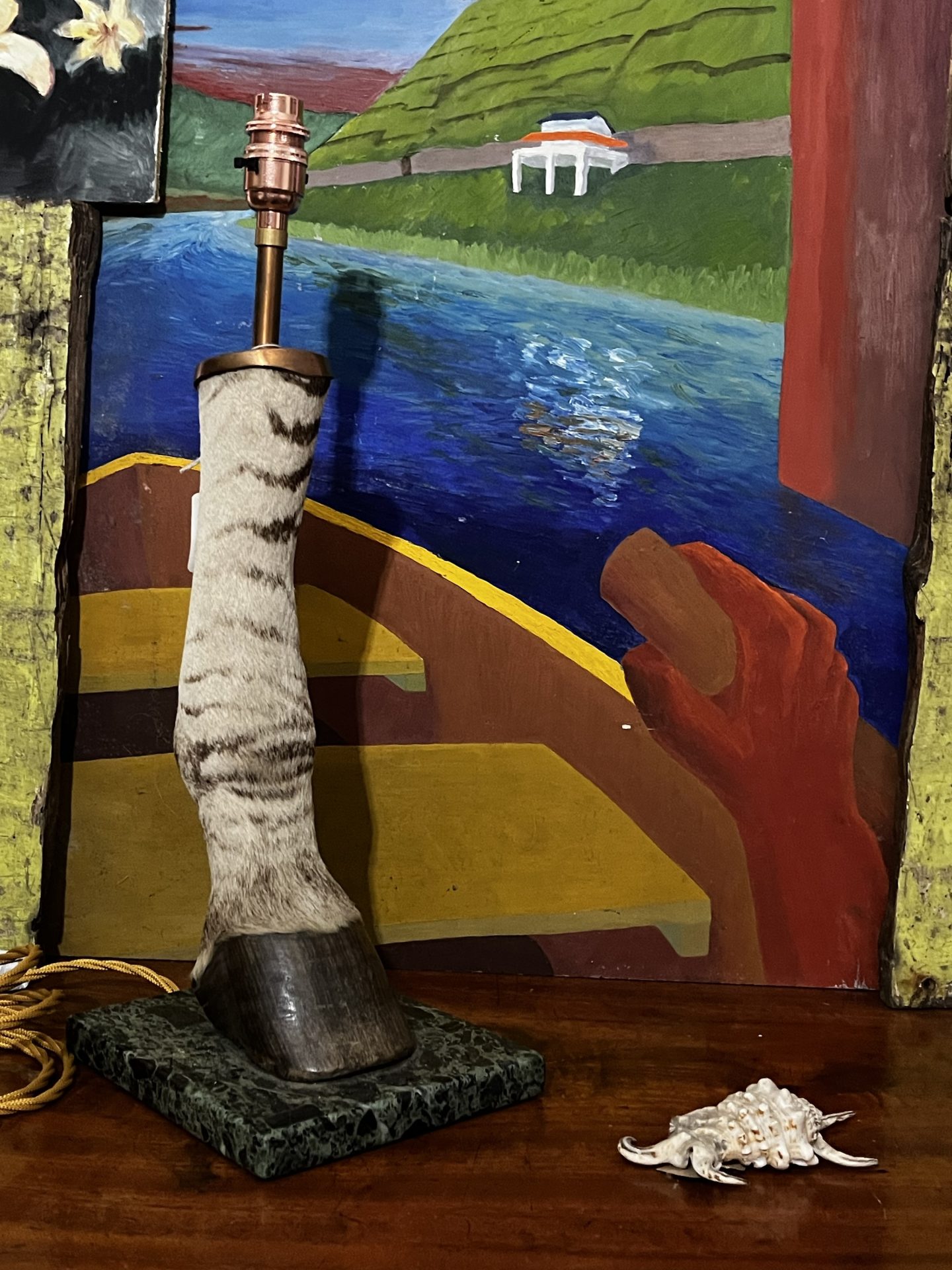 Antique Zebra Hoof Leg Table Lamp on Marble Plinth - Image 2