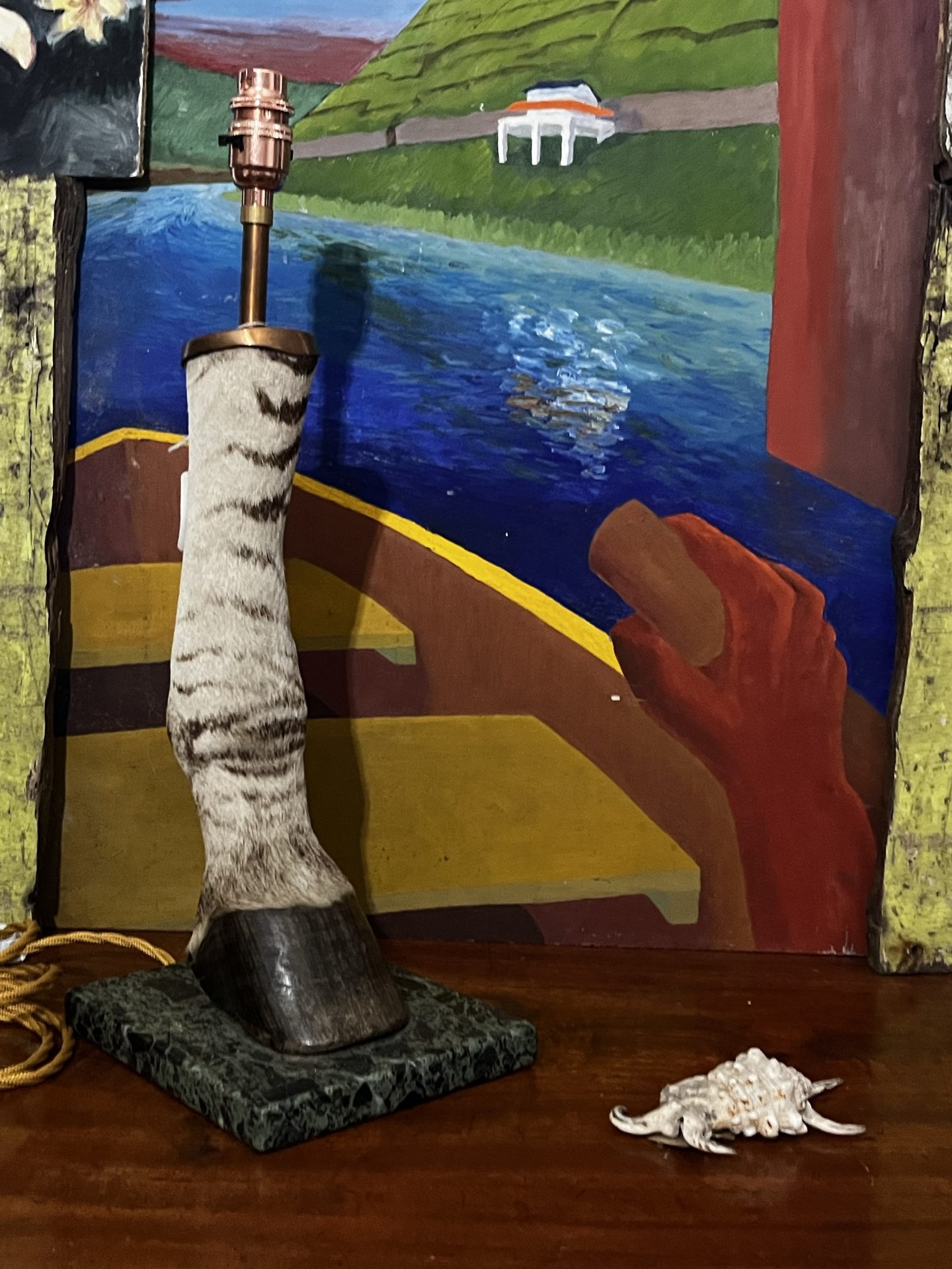 Antique Zebra Hoof Leg Table Lamp on Marble Plinth - Image 3