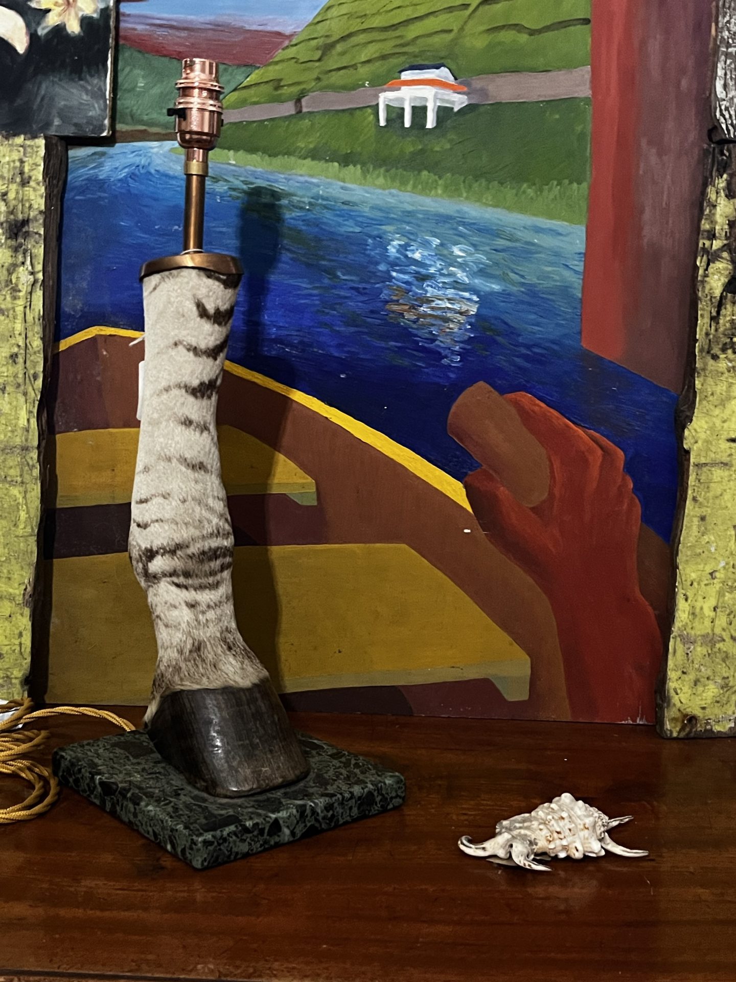 Antique Zebra Hoof Leg Table Lamp on Marble Plinth - Image 5