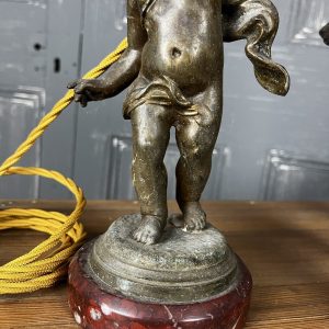 SOLD – Antique Spelter Putto Red Marble Plinth Table Lamp