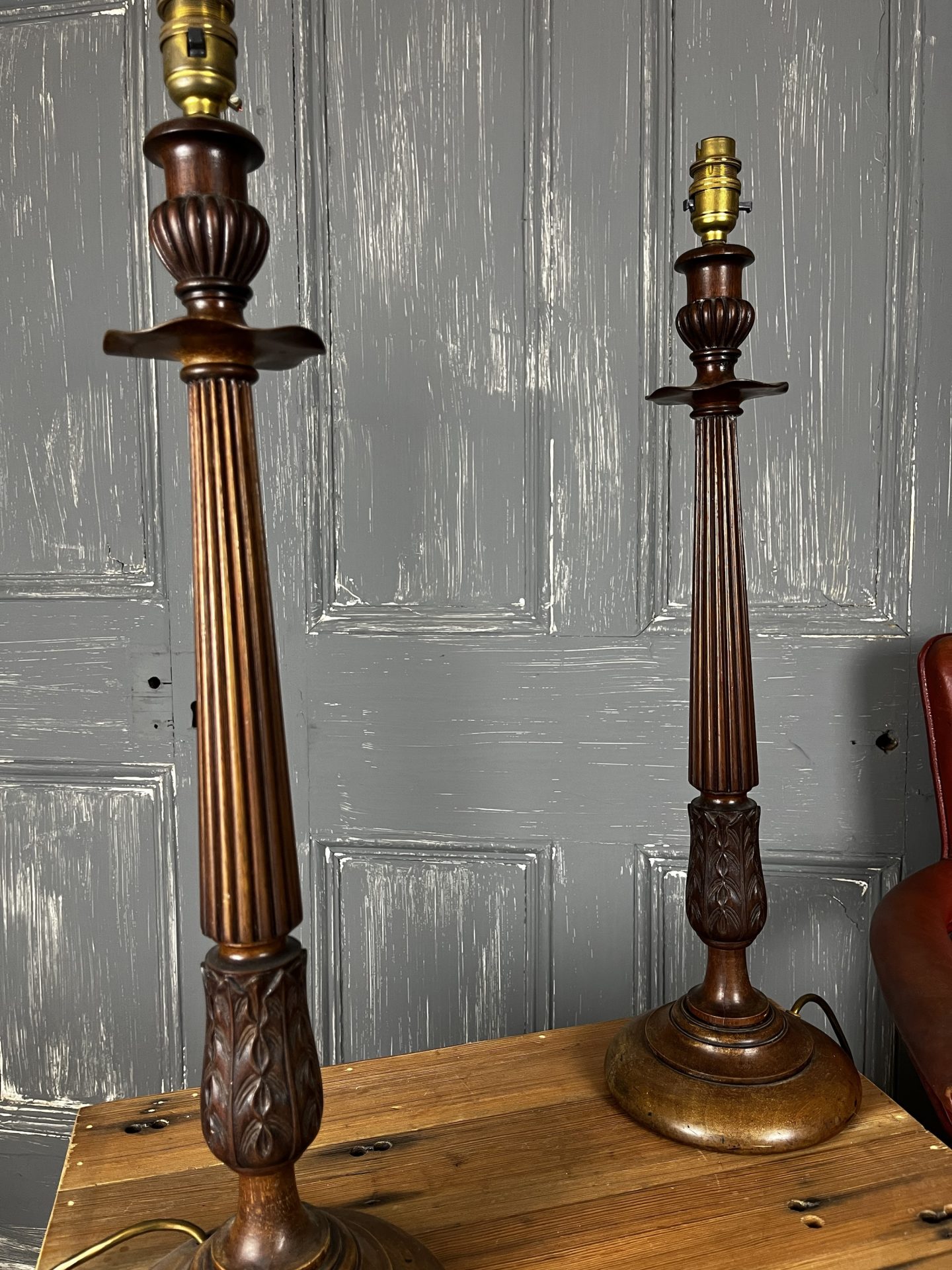 Antique Hall Pair Walnut Column Table Hall Lamps - Image 11