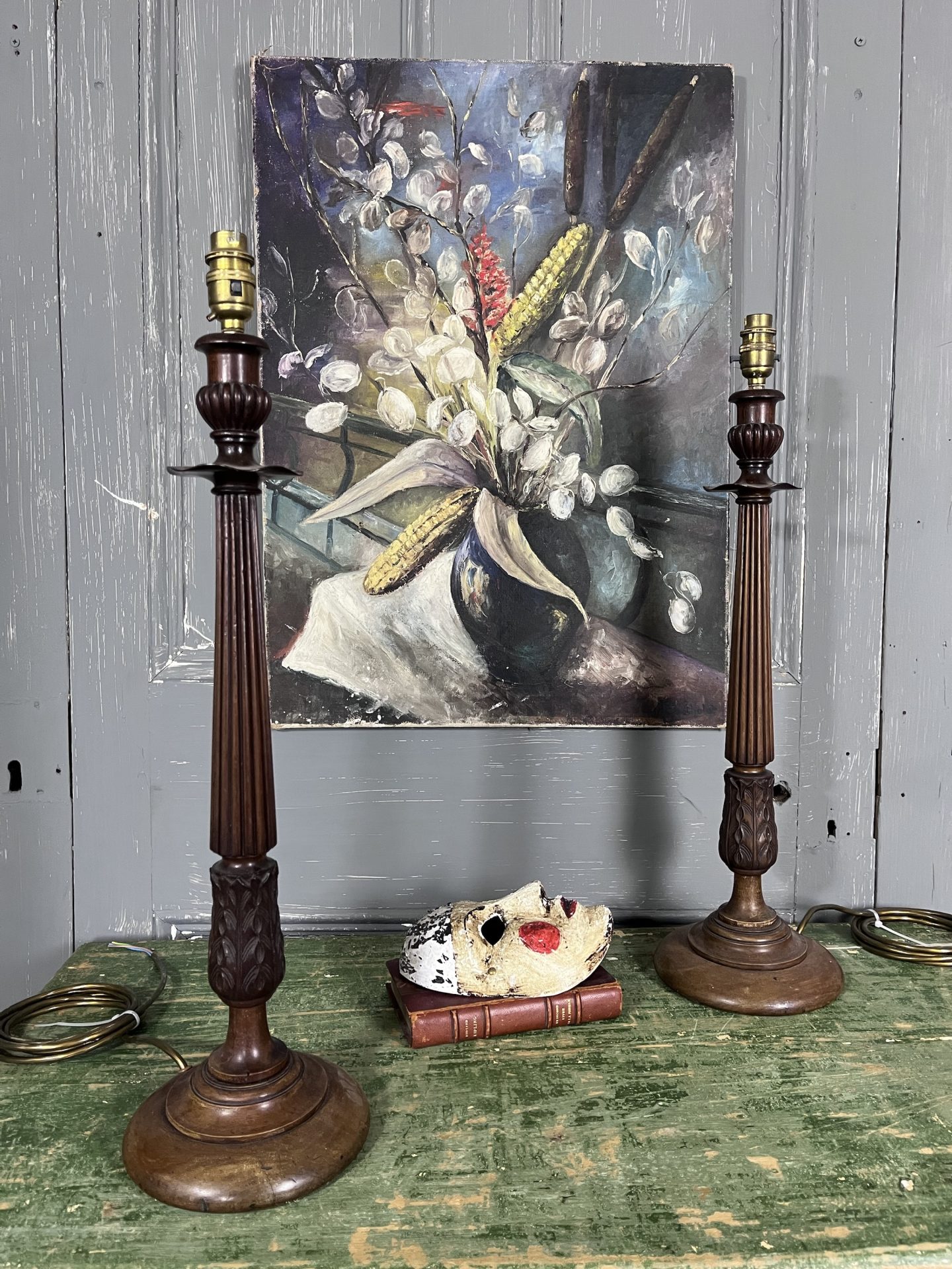 Antique Hall Pair Walnut Column Table Hall Lamps - Image 6
