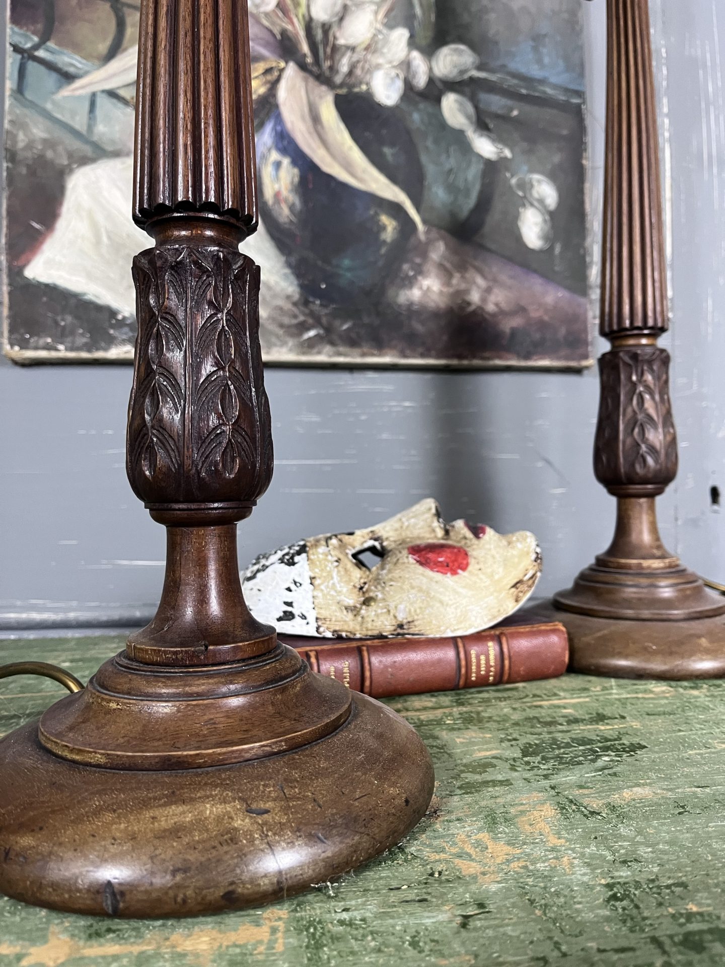 Antique Hall Pair Walnut Column Table Hall Lamps - Image 5