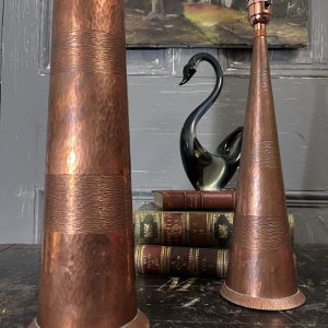 Antique Pair Copper Hand Hammered S Beddall Lamps