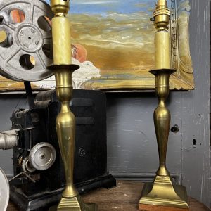 Vintage Pair Brass Candle Stick Table Lamps